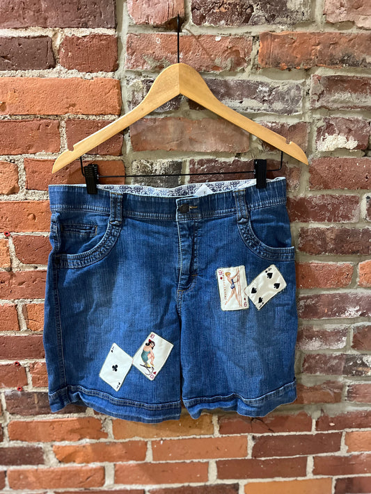Patch of cards upcycled cutoffs