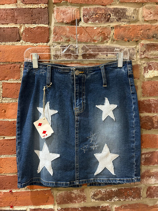 Upcycled, embroidered denim skirt