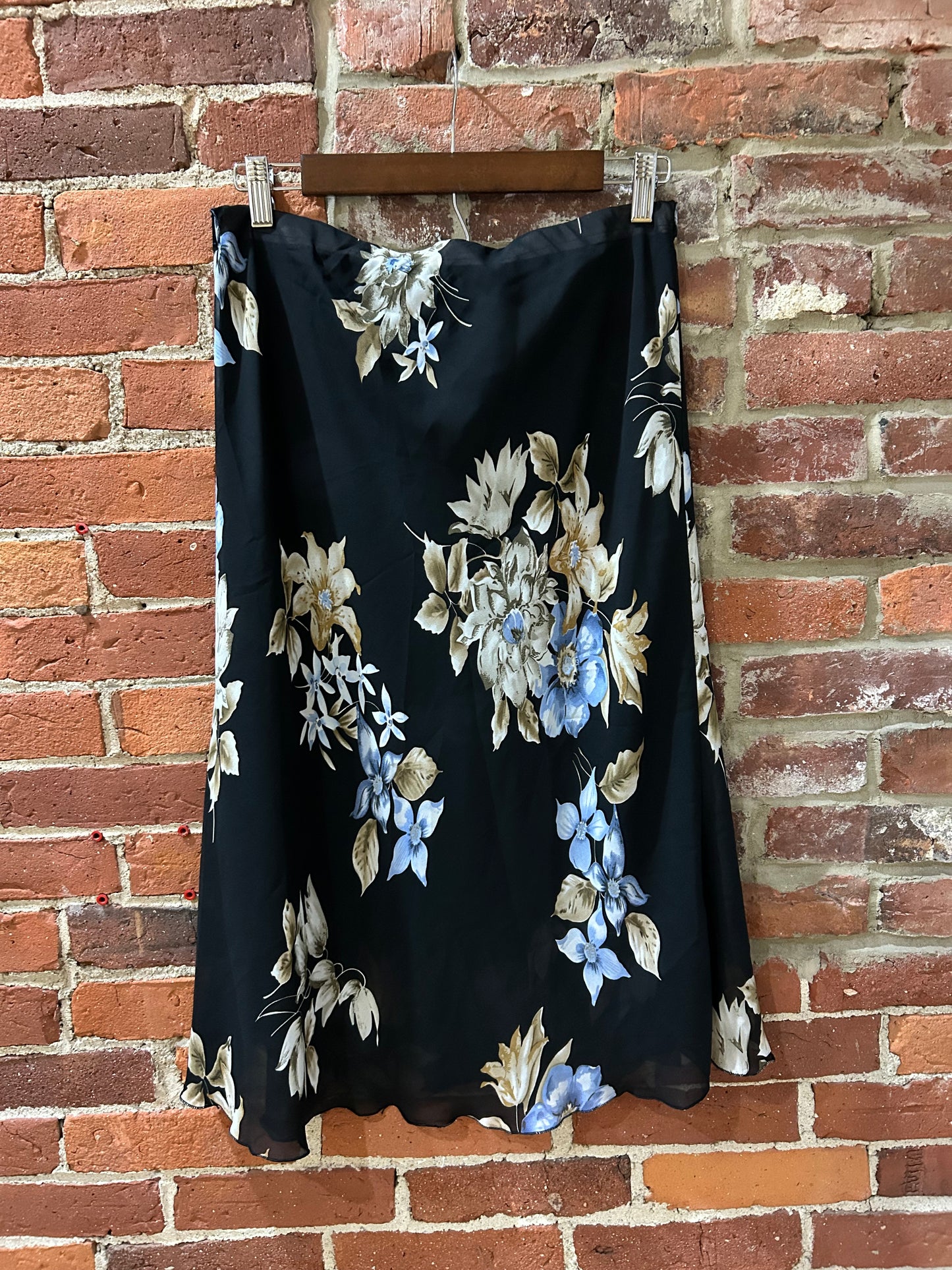 Silk, black floral skirt
