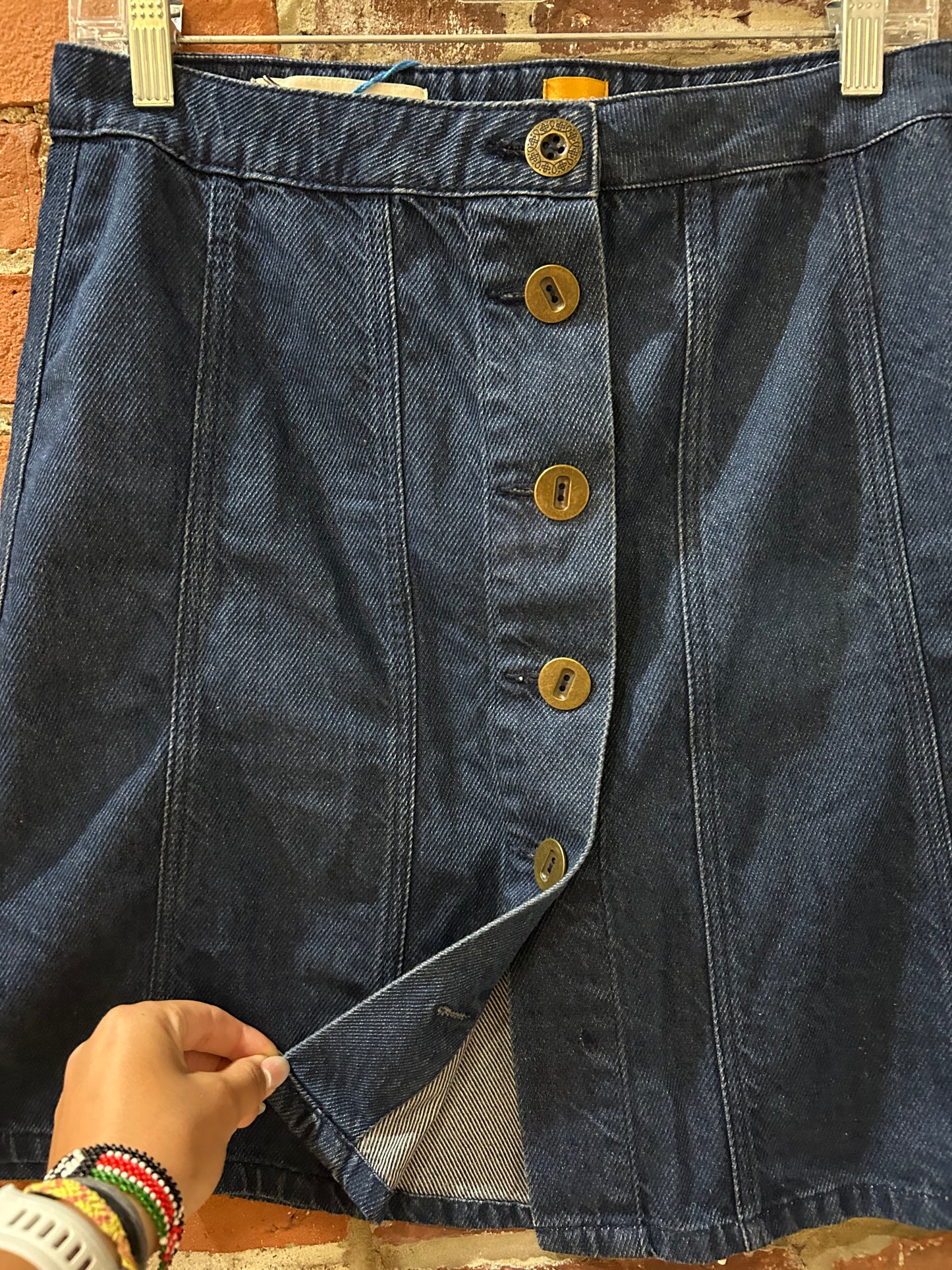 Button-front denim skirt