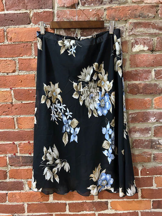 Silk, black floral skirt