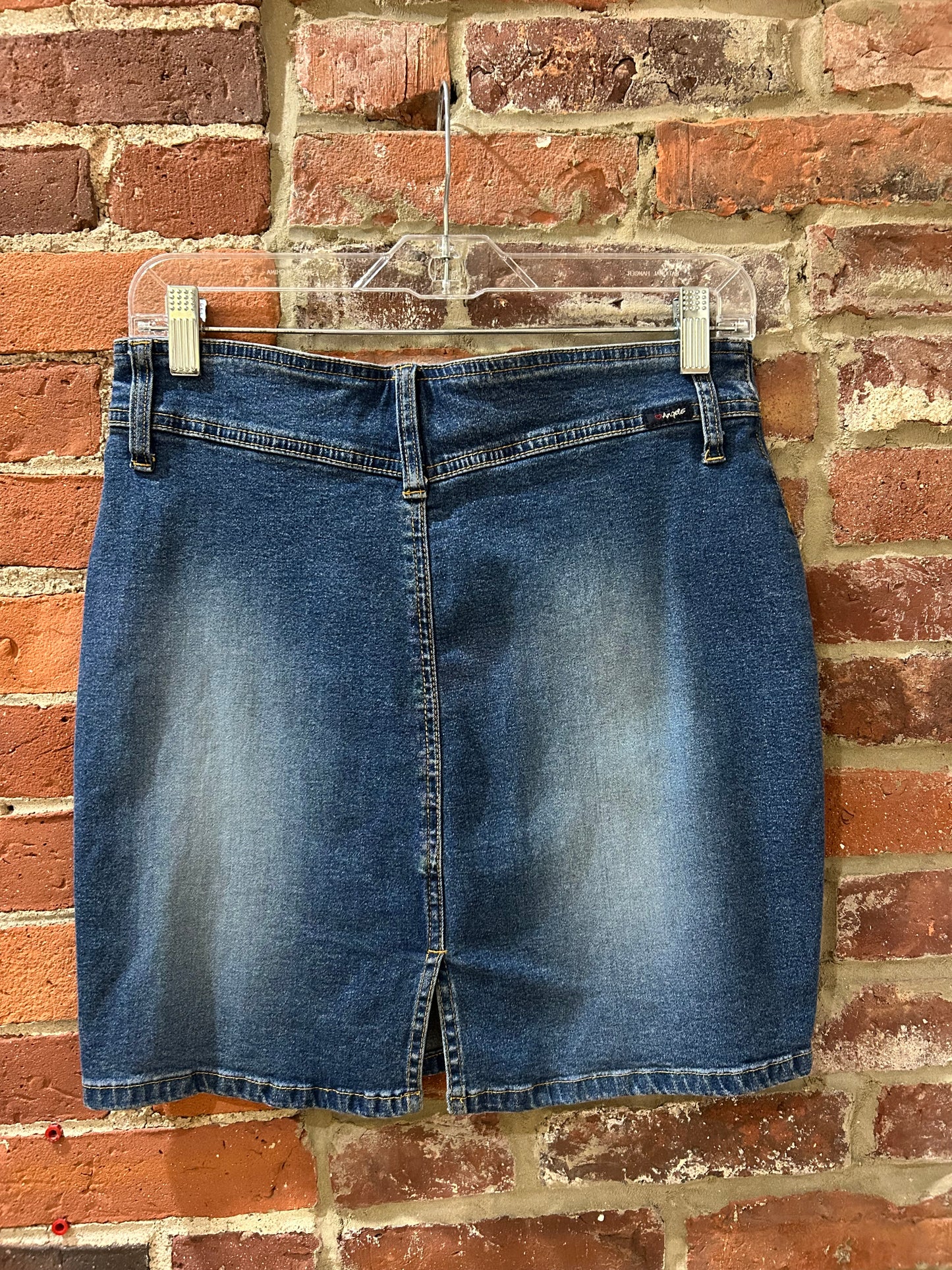 Upcycled, embroidered denim skirt