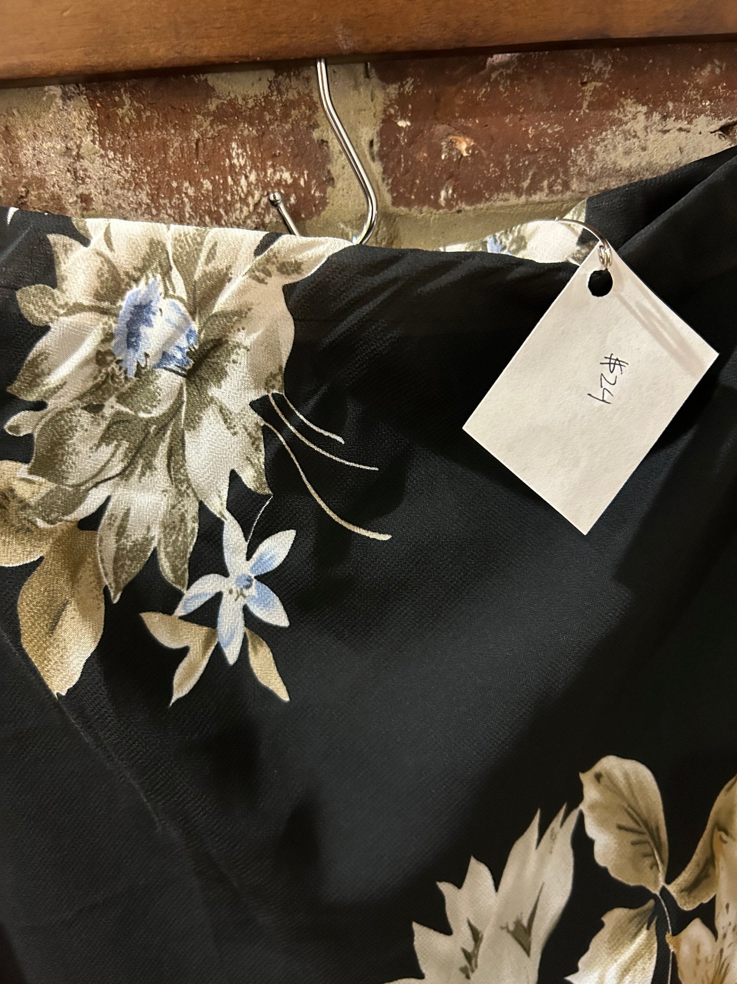 Silk, black floral skirt