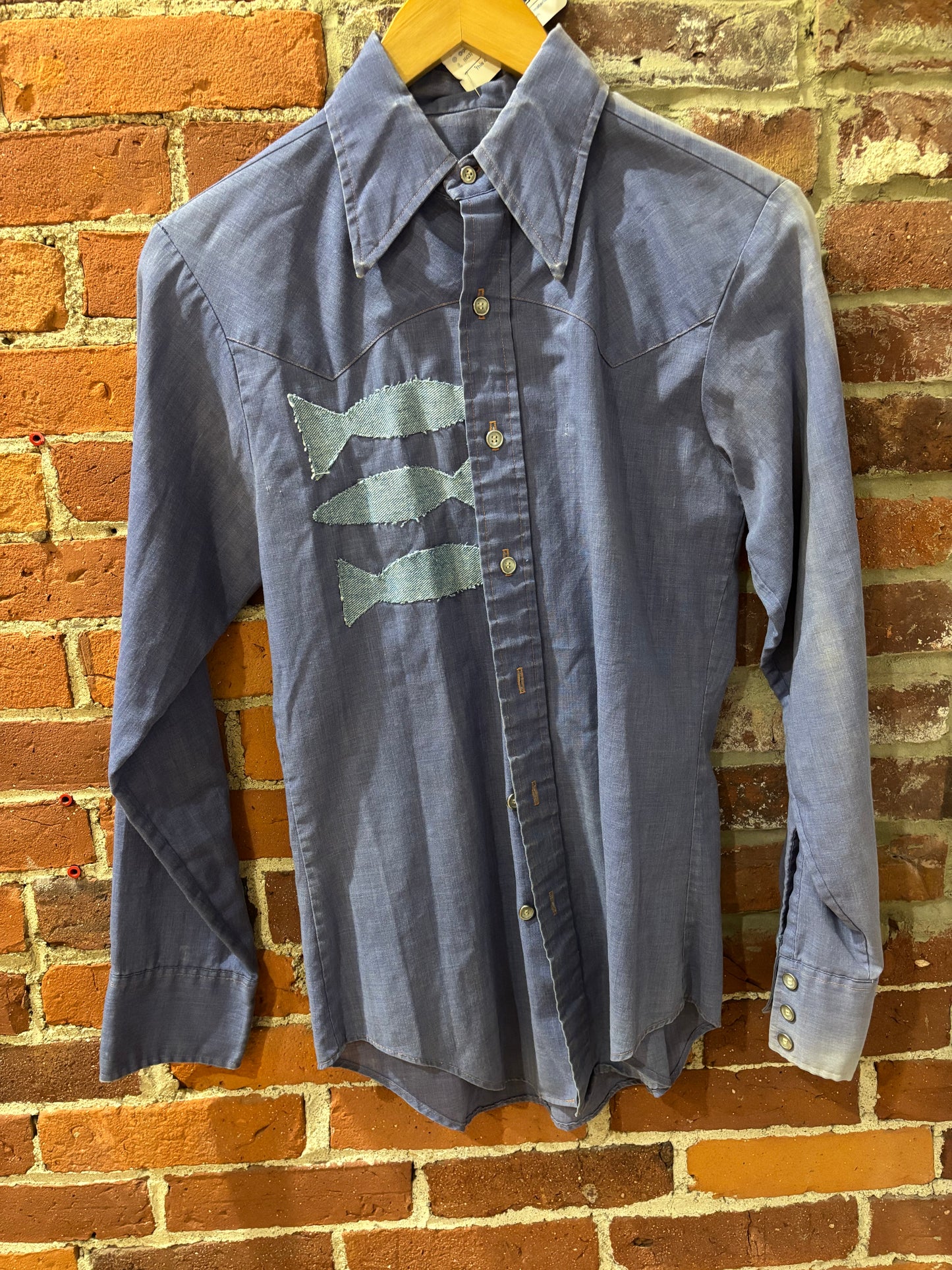 Hand Sewn Denim Shirt with Fish