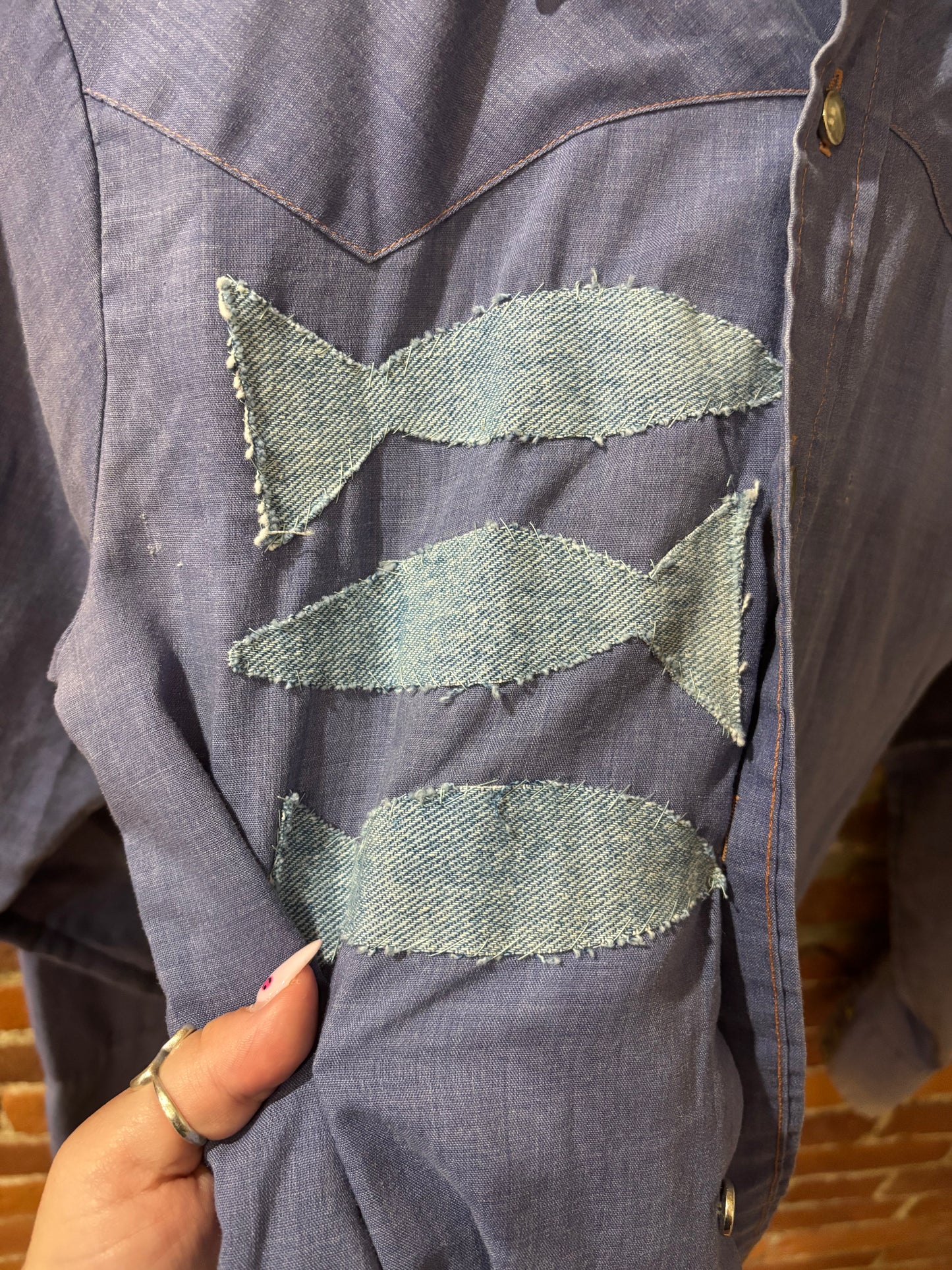 Hand Sewn Denim Shirt with Fish